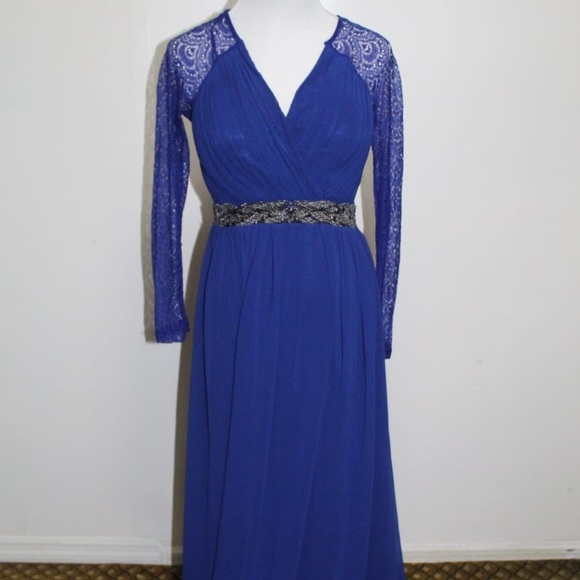 Blue lace long sleeve maxi evening formal dress - Picture 3 of 6